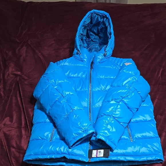 Men's Guess Blue Puffer Jacket with Hood and Glossy Finish - Picture 1 of 11